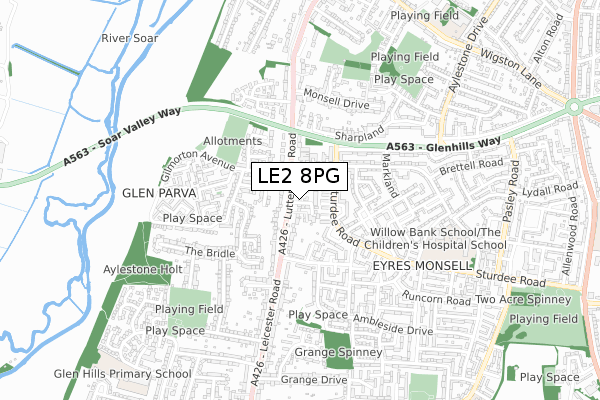 LE2 8PG map - small scale - OS Open Zoomstack (Ordnance Survey)