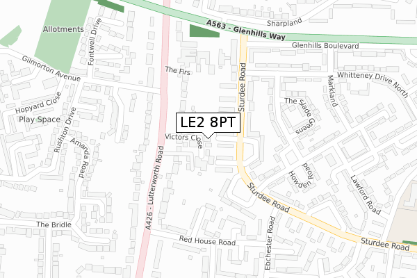 LE2 8PT map - large scale - OS Open Zoomstack (Ordnance Survey)