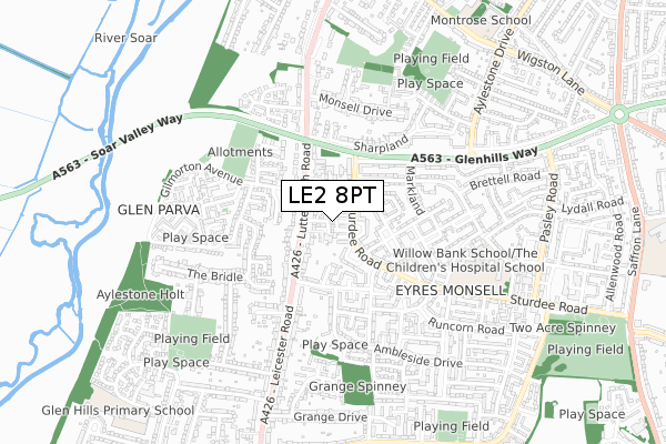 LE2 8PT map - small scale - OS Open Zoomstack (Ordnance Survey)