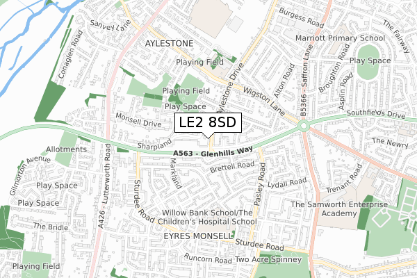 LE2 8SD map - small scale - OS Open Zoomstack (Ordnance Survey)