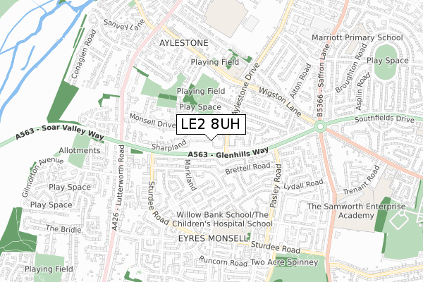 LE2 8UH map - small scale - OS Open Zoomstack (Ordnance Survey)