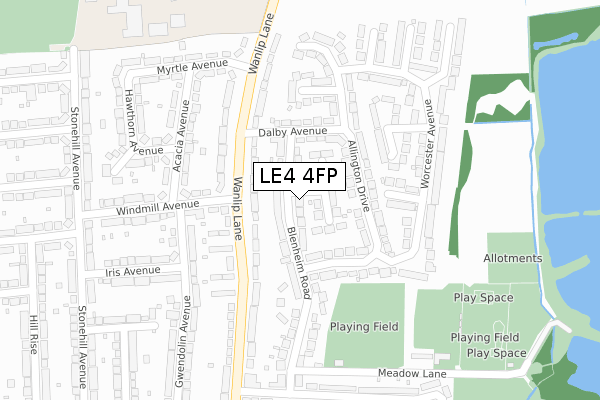 LE4 4FP map - large scale - OS Open Zoomstack (Ordnance Survey)