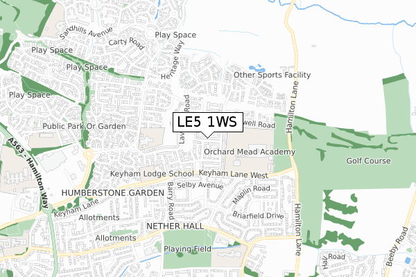 LE5 1WS map - small scale - OS Open Zoomstack (Ordnance Survey)