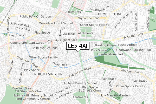 LE5 4AJ map - small scale - OS Open Zoomstack (Ordnance Survey)