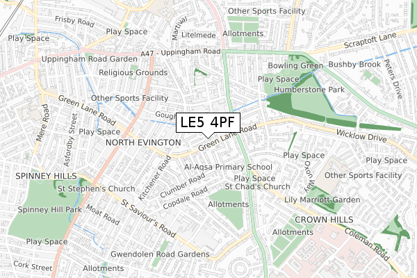 LE5 4PF map - small scale - OS Open Zoomstack (Ordnance Survey)