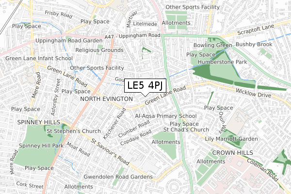 LE5 4PJ map - small scale - OS Open Zoomstack (Ordnance Survey)