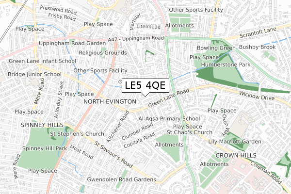 LE5 4QE map - small scale - OS Open Zoomstack (Ordnance Survey)