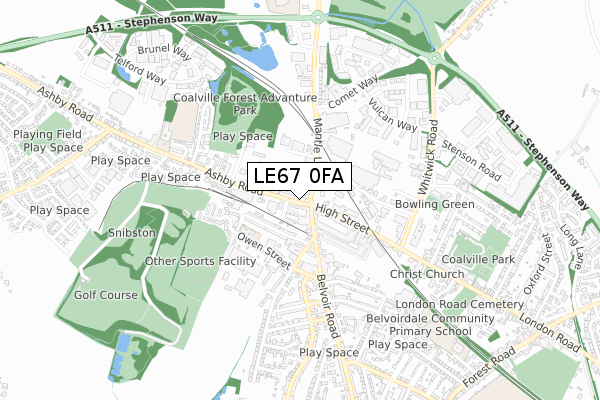 LE67 0FA map - small scale - OS Open Zoomstack (Ordnance Survey)