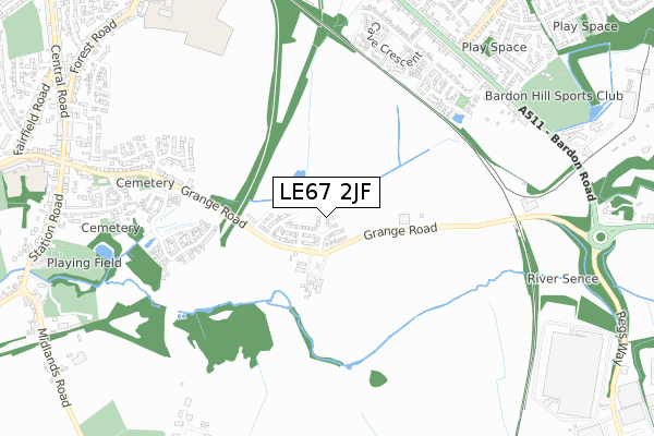 LE67 2JF map - small scale - OS Open Zoomstack (Ordnance Survey)