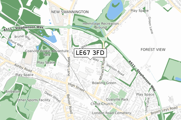 LE67 3FD map - small scale - OS Open Zoomstack (Ordnance Survey)