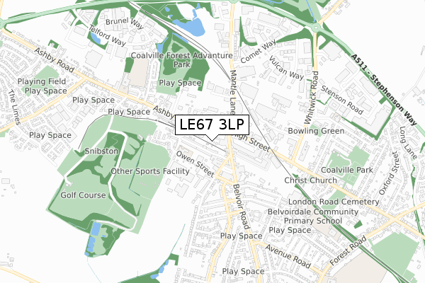 LE67 3LP map - small scale - OS Open Zoomstack (Ordnance Survey)