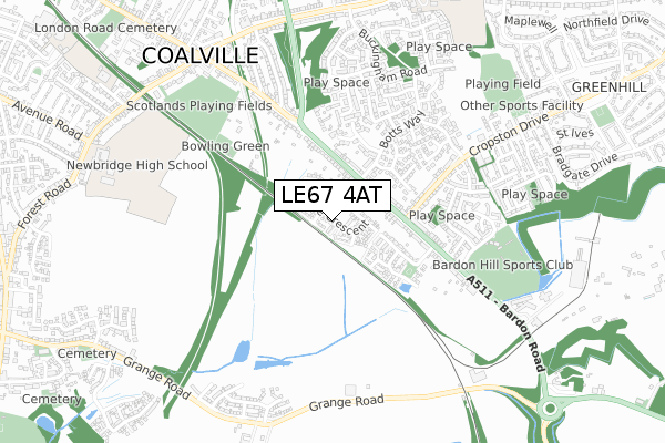 LE67 4AT map - small scale - OS Open Zoomstack (Ordnance Survey)