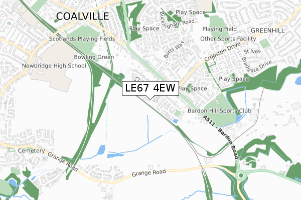 LE67 4EW map - small scale - OS Open Zoomstack (Ordnance Survey)