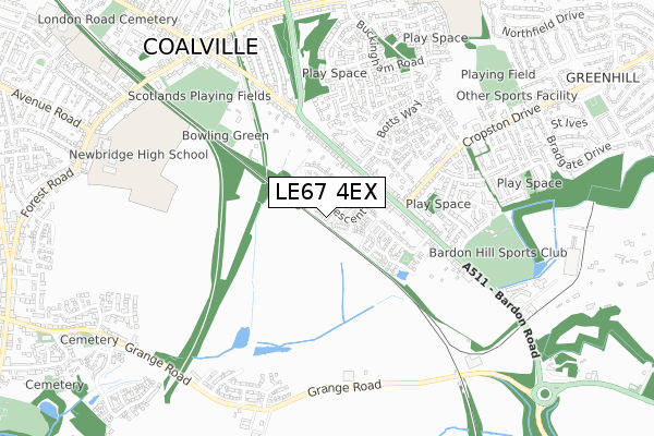 LE67 4EX map - small scale - OS Open Zoomstack (Ordnance Survey)