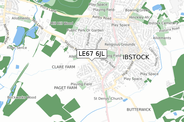 LE67 6JL map - small scale - OS Open Zoomstack (Ordnance Survey)