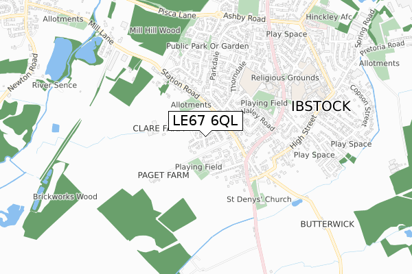 LE67 6QL map - small scale - OS Open Zoomstack (Ordnance Survey)