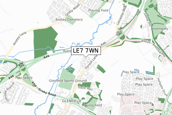 LE7 7WN map - small scale - OS Open Zoomstack (Ordnance Survey)