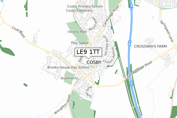 LE9 1TT map - small scale - OS Open Zoomstack (Ordnance Survey)