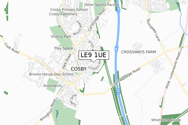 LE9 1UE map - small scale - OS Open Zoomstack (Ordnance Survey)