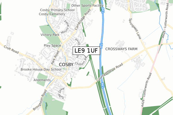 LE9 1UF map - small scale - OS Open Zoomstack (Ordnance Survey)