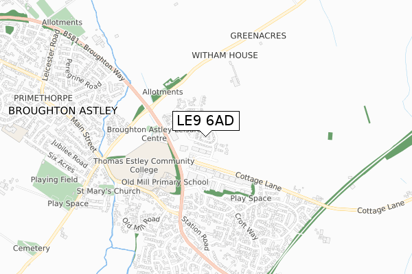 LE9 6AD map - small scale - OS Open Zoomstack (Ordnance Survey)