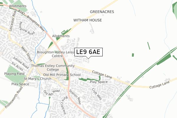 LE9 6AE map - small scale - OS Open Zoomstack (Ordnance Survey)