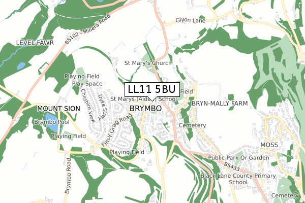 LL11 5BU map - small scale - OS Open Zoomstack (Ordnance Survey)