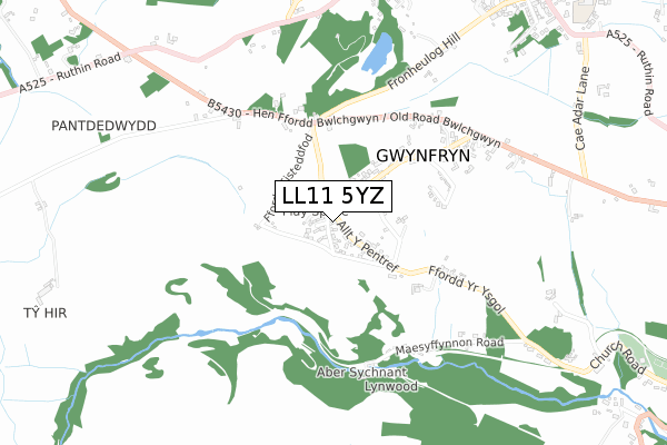 LL11 5YZ map - small scale - OS Open Zoomstack (Ordnance Survey)