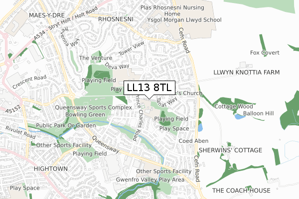 LL13 8TL map - small scale - OS Open Zoomstack (Ordnance Survey)