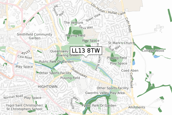 LL13 8TW map - small scale - OS Open Zoomstack (Ordnance Survey)