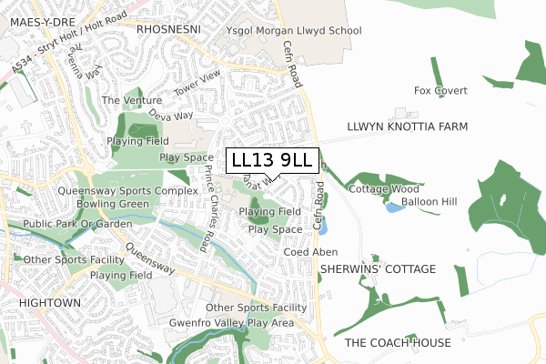 LL13 9LL map - small scale - OS Open Zoomstack (Ordnance Survey)