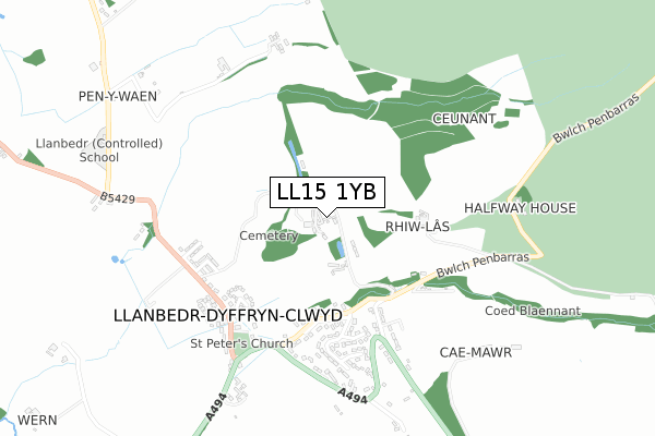 LL15 1YB map - small scale - OS Open Zoomstack (Ordnance Survey)