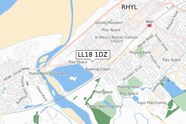 LL18 1DZ map - small scale - OS Open Zoomstack (Ordnance Survey)