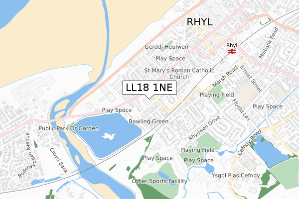 LL18 1NE map - small scale - OS Open Zoomstack (Ordnance Survey)