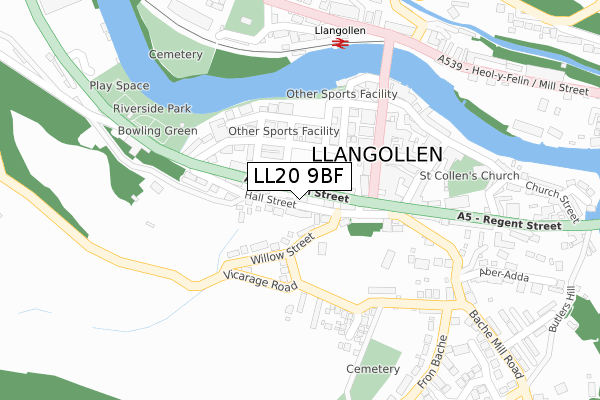 LL20 9BF map - large scale - OS Open Zoomstack (Ordnance Survey)