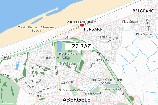 LL22 7AZ map - small scale - OS Open Zoomstack (Ordnance Survey)