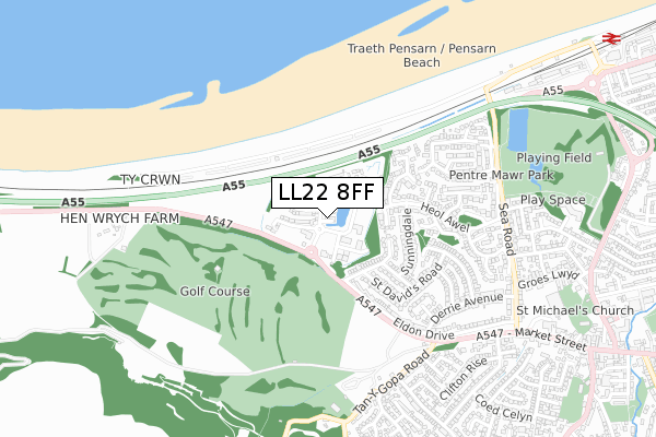 LL22 8FF map - small scale - OS Open Zoomstack (Ordnance Survey)