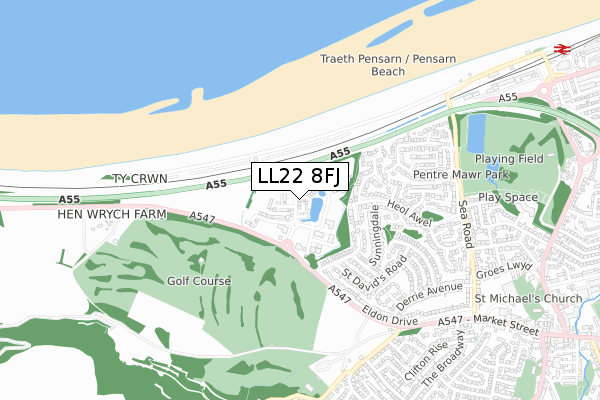 LL22 8FJ map - small scale - OS Open Zoomstack (Ordnance Survey)