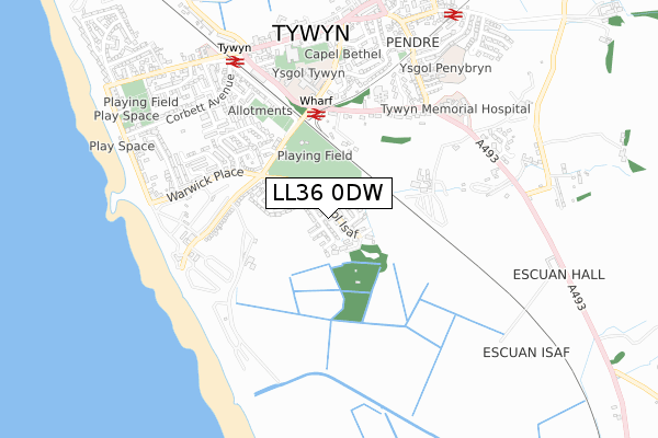 LL36 0DW map - small scale - OS Open Zoomstack (Ordnance Survey)