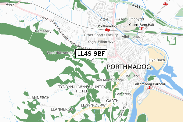 LL49 9BF map - small scale - OS Open Zoomstack (Ordnance Survey)