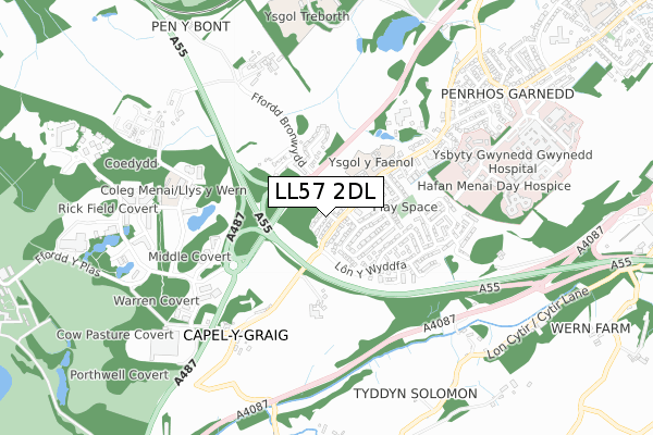 LL57 2DL map - small scale - OS Open Zoomstack (Ordnance Survey)