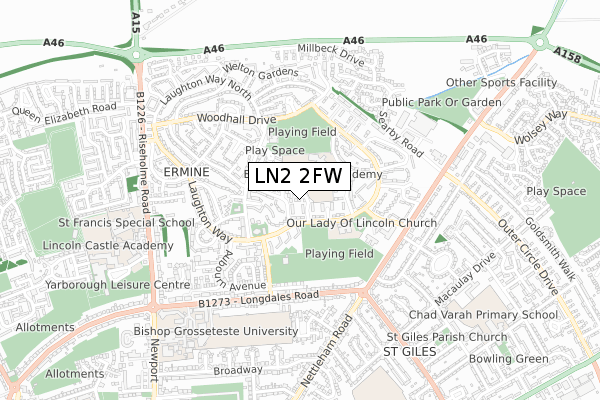 LN2 2FW map - small scale - OS Open Zoomstack (Ordnance Survey)