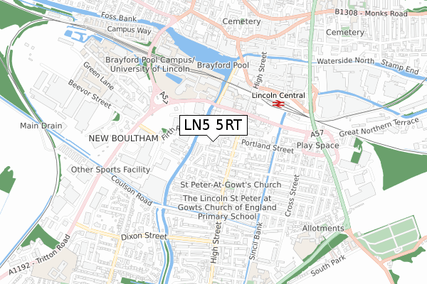 LN5 5RT map - small scale - OS Open Zoomstack (Ordnance Survey)