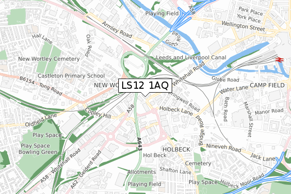 LS12 1AQ map - small scale - OS Open Zoomstack (Ordnance Survey)