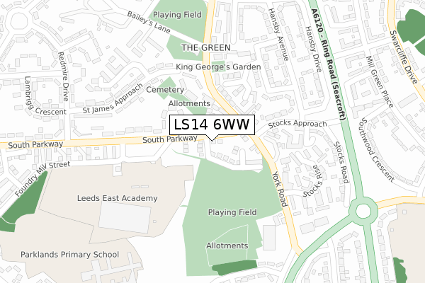 LS14 6WW map - large scale - OS Open Zoomstack (Ordnance Survey)