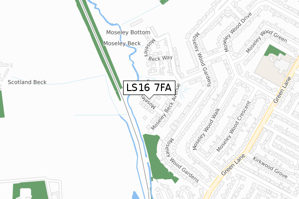 LS16 7FA map - large scale - OS Open Zoomstack (Ordnance Survey)