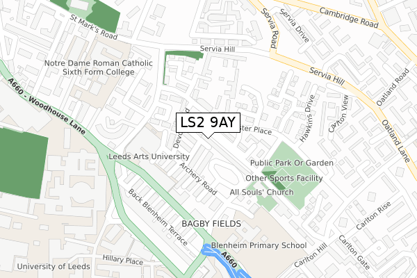 LS2 9AY map - large scale - OS Open Zoomstack (Ordnance Survey)