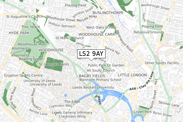 LS2 9AY map - small scale - OS Open Zoomstack (Ordnance Survey)