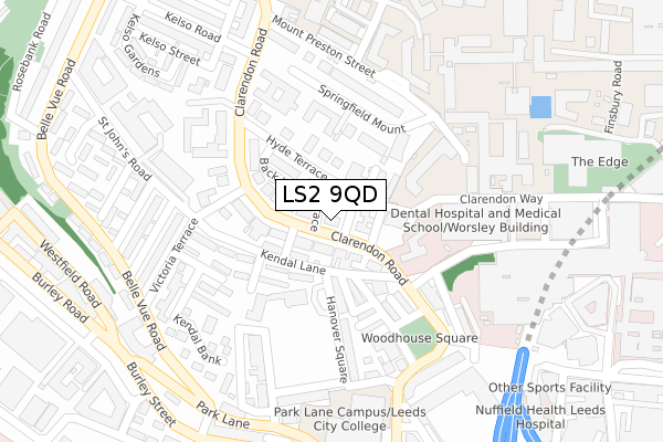 LS2 9QD map - large scale - OS Open Zoomstack (Ordnance Survey)