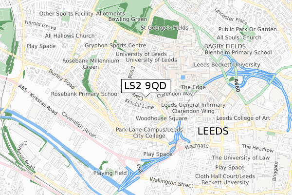 LS2 9QD map - small scale - OS Open Zoomstack (Ordnance Survey)